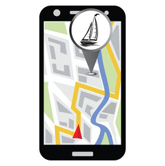 A smartphone with a map navigation app that leads to yachting club pin. Map GPS navigation. Vector illustration.