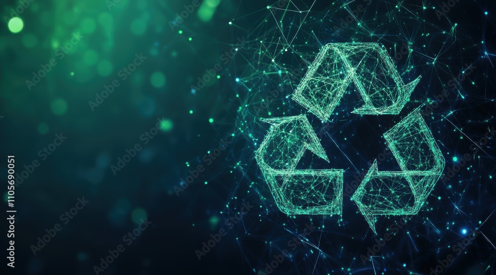Poster abstract green digital background with a recycling symbol, an ai generative technology concept.