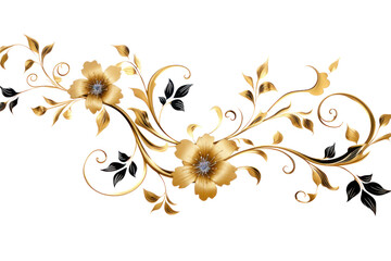 A pattern of intertwined golden and black vines with blooming flowers intricately designed isolated on white background
