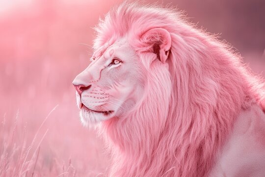 Pink lion observing majestic savanna sunset wildlife photography