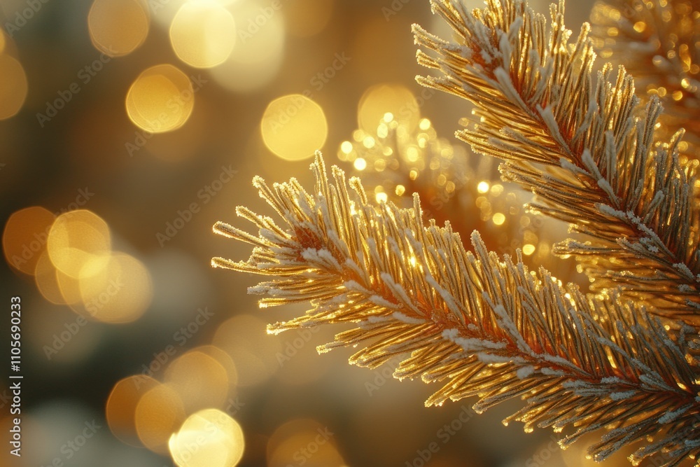 Poster frosted pine needles reflecting light create a stunning visual display. the delicate frost enhances 