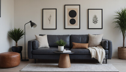 A modern living room with a sofa against a soft colour wall featuring vertical poster frames in wooden frame borders 3d illustration template.