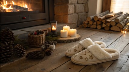 Fuzzy slippers by the fireplace with candles for cozy winter self-care.