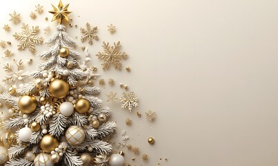 Obraz premium A creative vertical Christmas tree cutout adorned with golden baubles and intricate snowflakes, creating a festive holiday ambiance against a neutral background