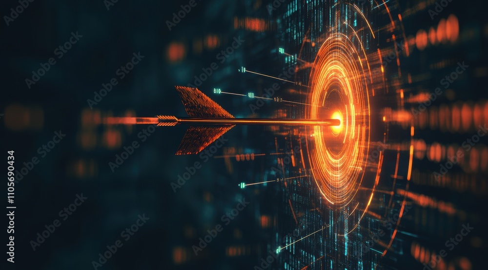 Aufkleber a digital art representation of an arrow shot into the center of a target, surrounded by glowing dat