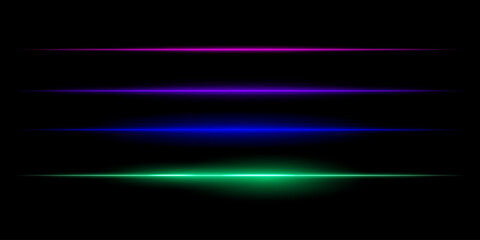 Horizontal colorful light streaks set. Thin glowing lines, white illumination, futuristic light effects, abstract design, minimal glow, decorative elements, smooth gradients, modern visuals