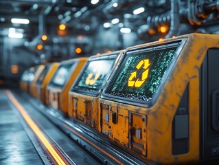 A futuristic industrial setting featuring machinery with glowing screens displaying numbers, set against a backdrop of dim lighting and metallic surfaces.