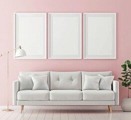 A white sofa with three blank frames on a pink wall in a minimalist living room
