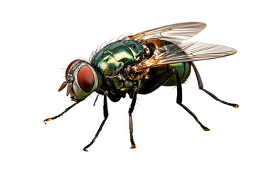 A macro shot of a fly perched on a green leaf showing detailed body texture isolated on white background