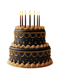 Elegant Black and Gold Two-Tier Birthday Cake with Candles - 3D Render - Transparent PNG