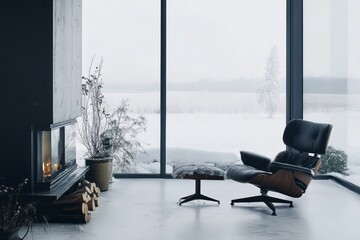 Fototapeta premium Modern Living Room With Fireplace And Winter View