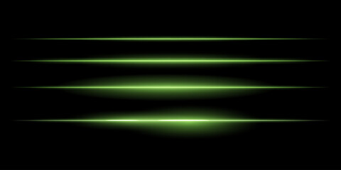 Horizontal green light streaks set. Thin glowing lines, white illumination, futuristic light effects, abstract design, minimal glow, decorative elements, smooth gradients, modern visuals