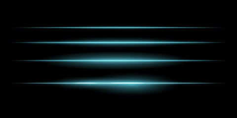 Horizontal blue light streaks set. Thin glowing lines, white illumination, futuristic light effects, abstract design, minimal glow, decorative elements, smooth gradients, modern visuals