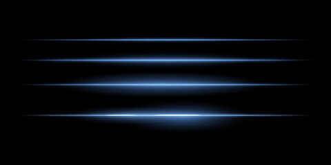 Horizontal blue light streaks set. Thin glowing lines, white illumination, futuristic light effects, abstract design, minimal glow, decorative elements, smooth gradients, modern visuals