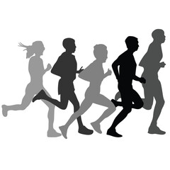 Marathon Runner Running Silhouette, Marathon run. Group of running people, men and women. Isolated vector silhouettes. People running silhouette