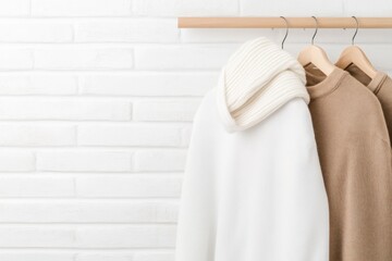 Warm and cozy winter outfits featuring a white coat and brown sweater are neatly hung on wooden hangers, showcasing modern fashion against a clean brick backdrop