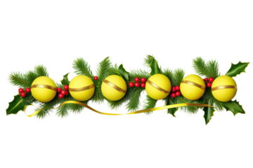 A festive composition featuring yellow tennis balls in a line with candy canes and holly leaves scattered around isolated on white background