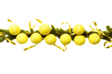 A festive composition featuring yellow tennis balls in a line with candy canes and holly leaves scattered around isolated on white background