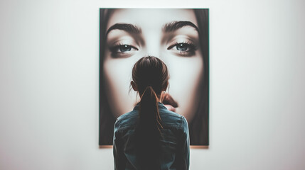 Child standing in a quiet room, deeply focused on a large picture on the wall. A clean and minimalist background highlights the child's fascination, showcasing their curiosity and concentration