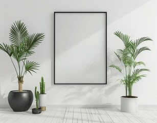A black framed poster on a white wall with two potted plants and a cactus in a living room