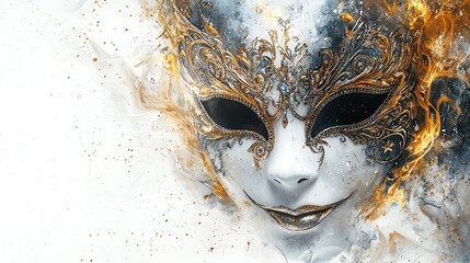 Watercolor New Year s masquerade mask in metallic gold and silver tones, on a white background