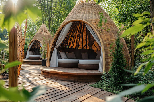 Outdoor relaxation area surrounded by lush vegetation in sunny day. A luxurious spa with a relax zone and tents in the form of wigwams