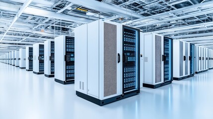 Modern data center with rows of server racks in a clean, brightly lit environment. The image showcases advanced technology and infrastructure for data storage and computing.