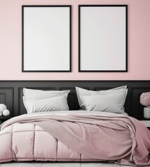 Two blank frames hang above a bed with pink and white bedding in a modern bedroom