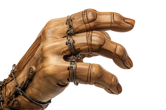 A detailed view of a wooden puppet hand and nose, showcasing the craftsmanship and joint mechanisms, isolated on white background