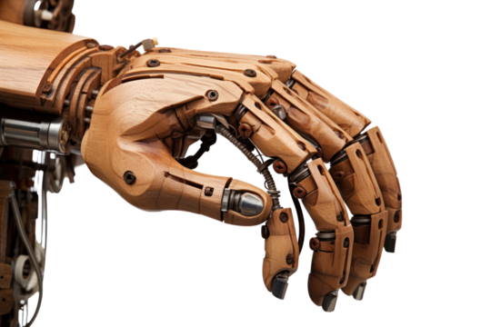 A detailed view of a wooden puppet hand and nose, showcasing the craftsmanship and joint mechanisms, isolated on white background