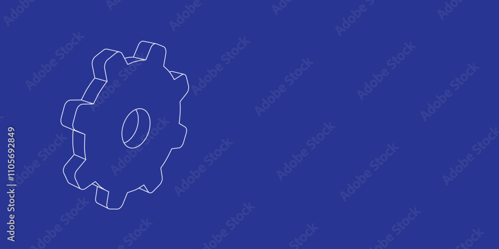 Poster the outline of a large gear symbol made of white lines on the left. 3d view of the object in perspec