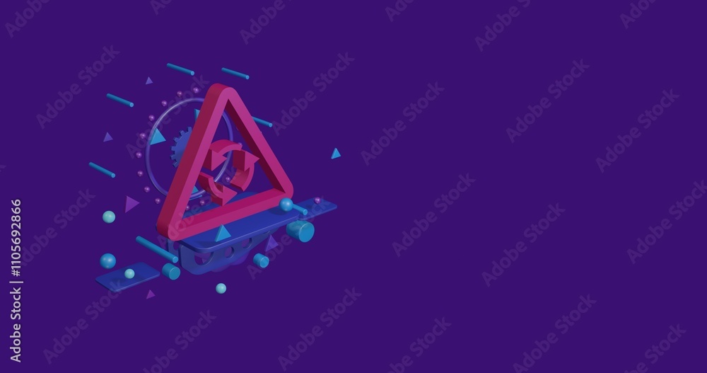 Poster pink roundabout sign on a pedestal of abstract geometric shapes floating in the air. abstract concep