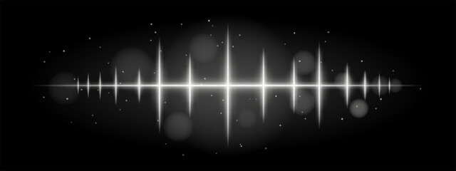 White pulse wave. Vibrant glowing waveform, sharp spikes, futuristic light design, dynamic energy signal, abstract illumination, modern decor, visual effect, scattered particles