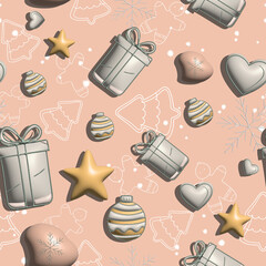 Cute 3D Christmas and New Year seamless pattern
