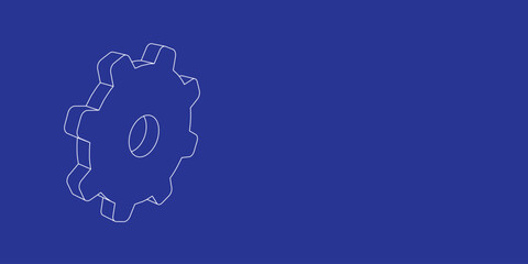 The outline of a large gear symbol made of white lines on the left. 3D view of the object in perspective. Vector illustration on indigo background