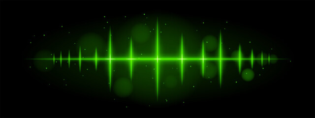 Green pulse wave. Vibrant glowing waveform, sharp spikes, futuristic light design, dynamic energy signal, abstract illumination, modern decor, visual effect, scattered particles