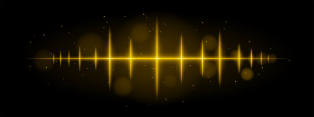 Yellow pulse wave. Vibrant glowing waveform, sharp spikes, futuristic light design, dynamic energy signal, abstract illumination, modern decor, visual effect, scattered particles
