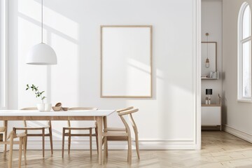 Minimalist dining room interior with white walls. wooden table and chairs. a large framed poster. and a window with natural light