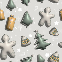 Cute 3D Christmas and New Year seamless pattern
