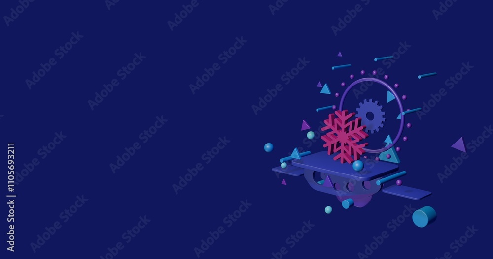 Poster pink snowflake symbol on a pedestal of abstract geometric shapes floating in the air. abstract conce
