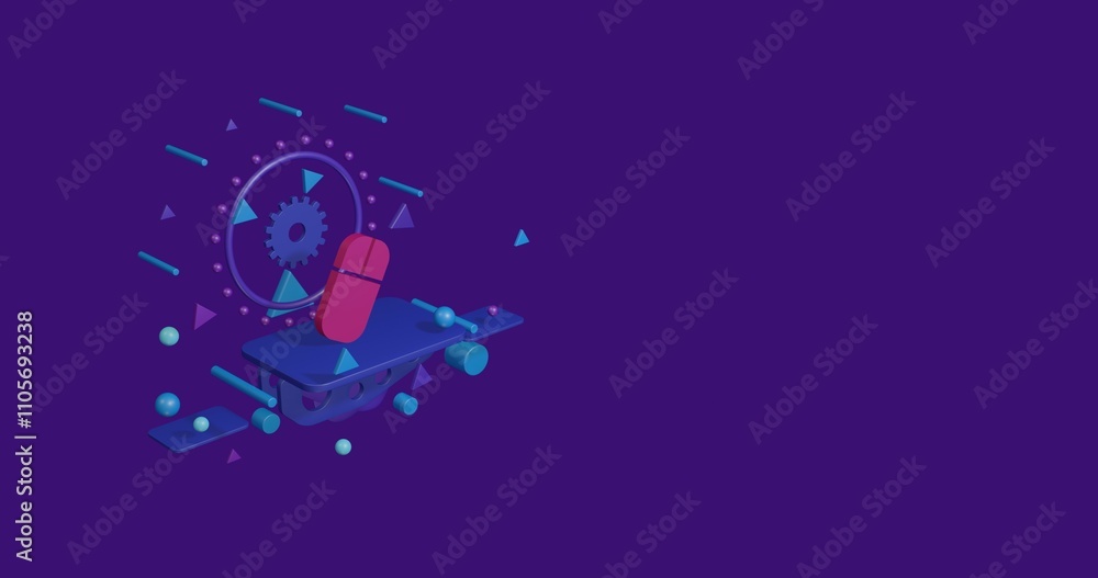 Poster pink computer mouse symbol on a pedestal of abstract geometric shapes floating in the air. abstract 