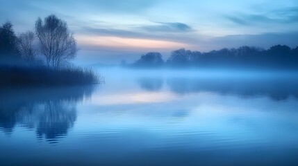 Fototapeta premium Serene Mist Shrouded Lake And Trees At Dawn