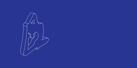 The outline of a large yoga stretching pose symbol made of white lines on the left. 3D view of the object in perspective. Vector illustration on indigo background