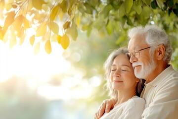 Fototapeta premium A joyful senior couple shares a warm embrace, standing outdoors in a sunlit area surrounded by green leaves. They radiate happiness and companionship, highlighting their active lifestyle