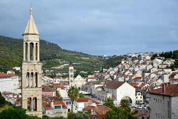 Church`s tower in Hvar, Croatia, Aerial view of Hvar