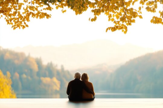 A senior couple sits close together by the serene lakeside, sharing a warm embrace while surrounded by vibrant autumn foliage. The sun sets over the peaceful landscape
