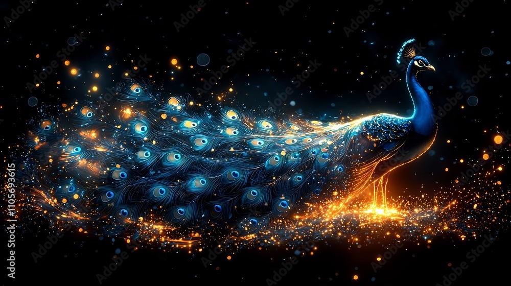 Poster mesmerizing neon peacock displaying radiant glowing feathers in dreamlike ethereal setting
