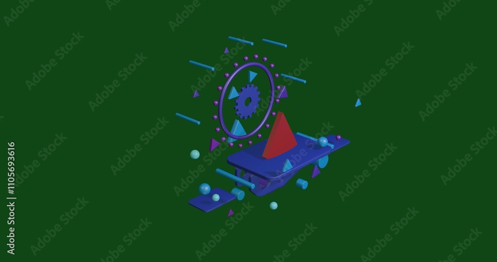 Poster red cone on a pedestal of abstract geometric shapes floating in the air. abstract concept art with f