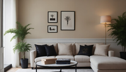 A modern living room with a sofa against a soft colour wall featuring vertical poster frames in wooden frame borders 3d illustration template.