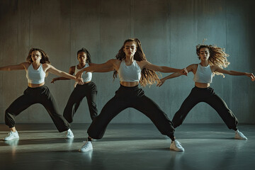 Energetic dance group performing synchronized moves